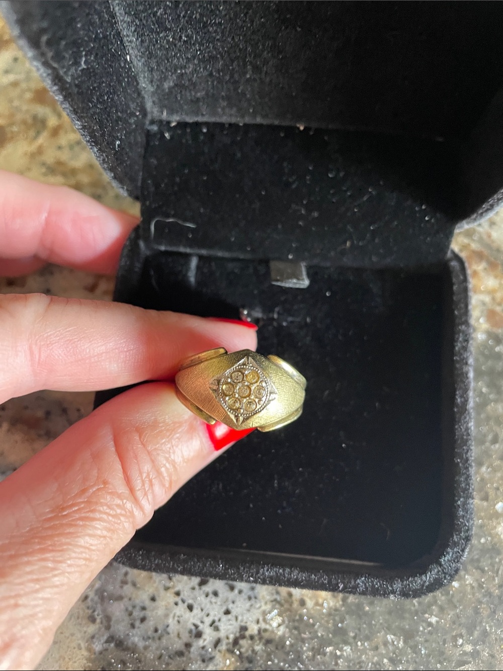 Gold Tone Men's Signet Ring with Diamond Cluster Motif